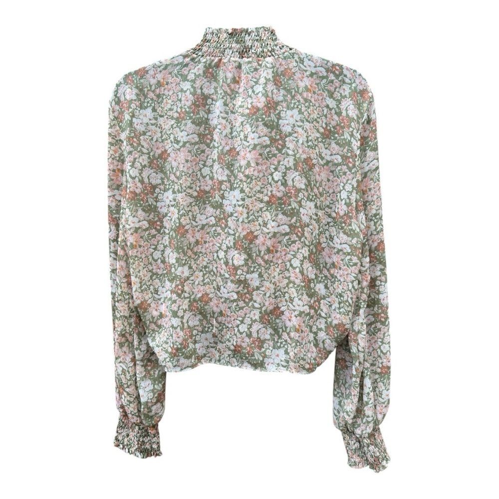 Olivaceous Floral Sheer Front Tie Blouse | Size Large - Picture 3 of 6
